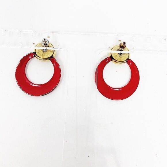Monet Open Circle Dangle Earrings Gold Tone Red Enamel Nautical Star Round - Picture 5 of 7